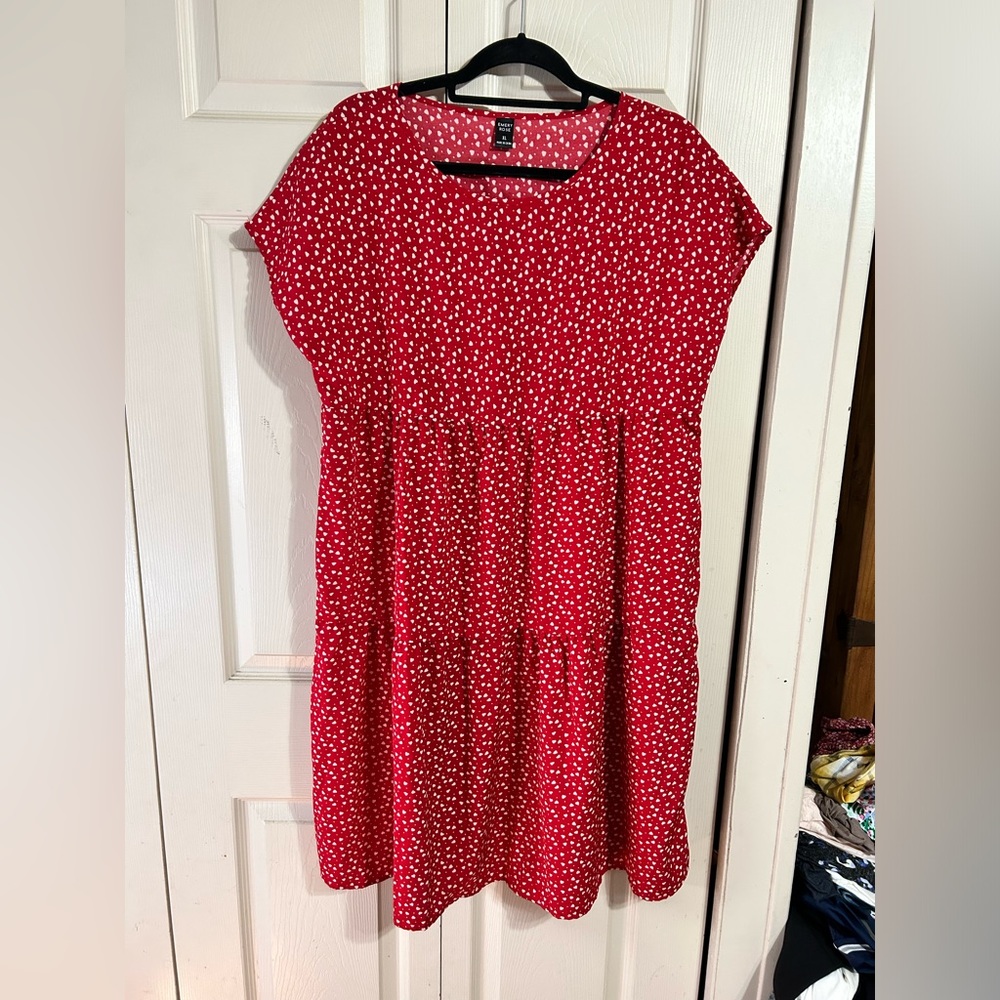 Red dress with white hearts.